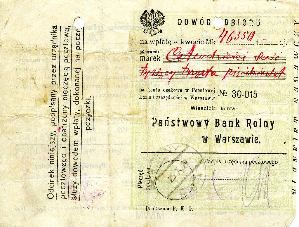 KKE 3521.jpg - Dokument. Adam Rutkowski zwrot raty pożyczki, 1922 r.